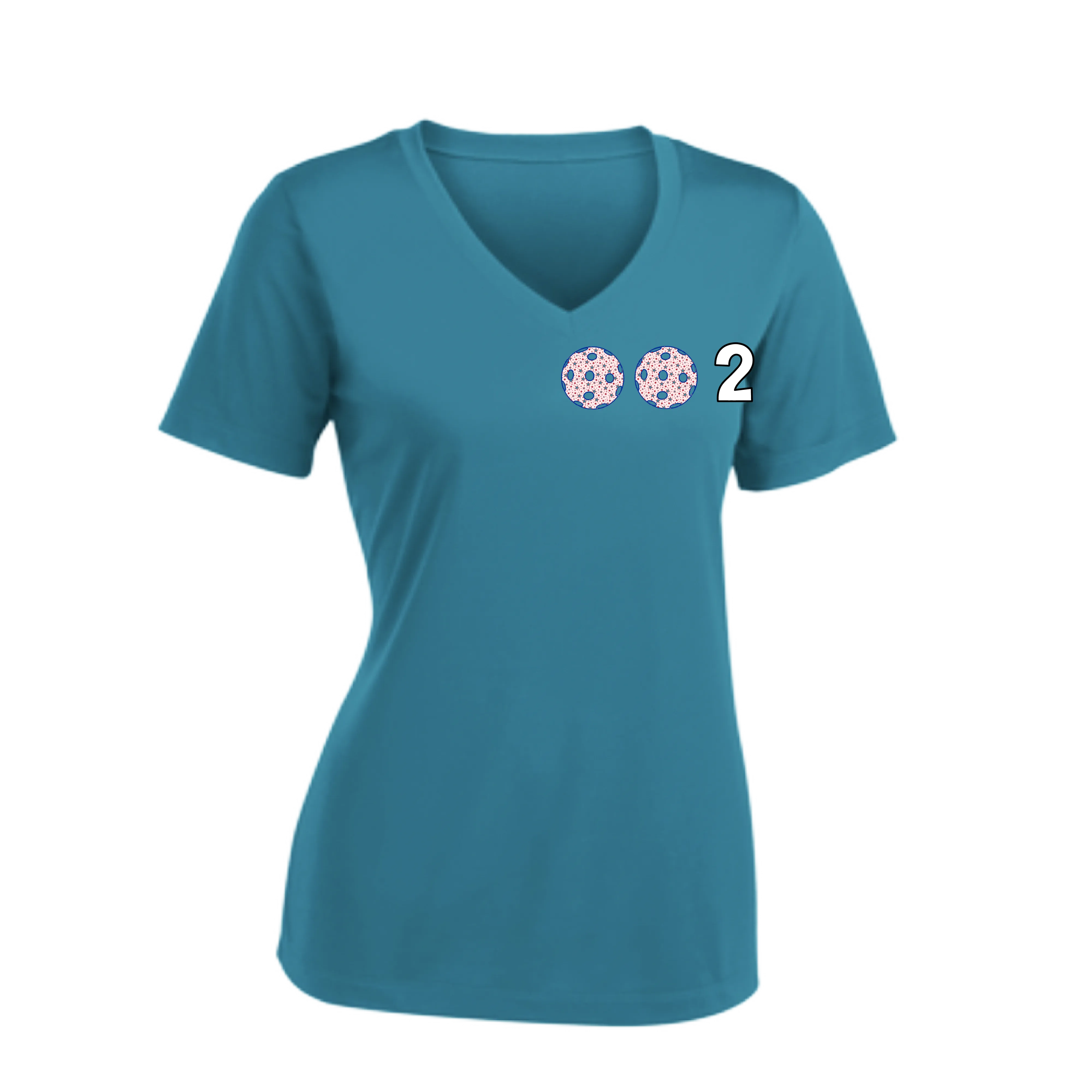 002 With Pickleballs (Colors Patriotic Stars) Customizable | Women's Short Sleeve V-Neck Pickleball Shirts | 100% Polyester