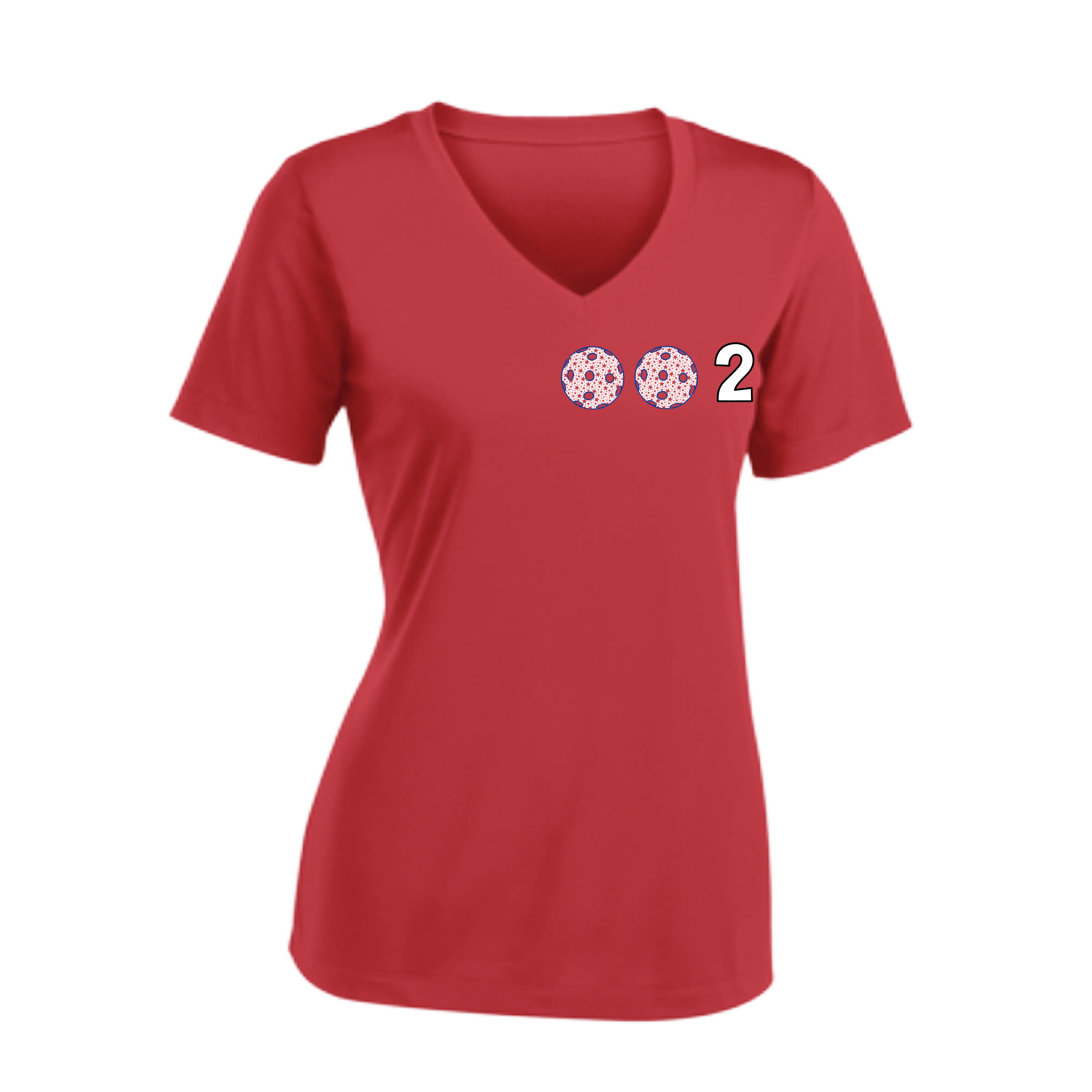 002 With Pickleballs (Colors Patriotic Stars) Customizable | Women's Short Sleeve V-Neck Pickleball Shirts | 100% Polyester