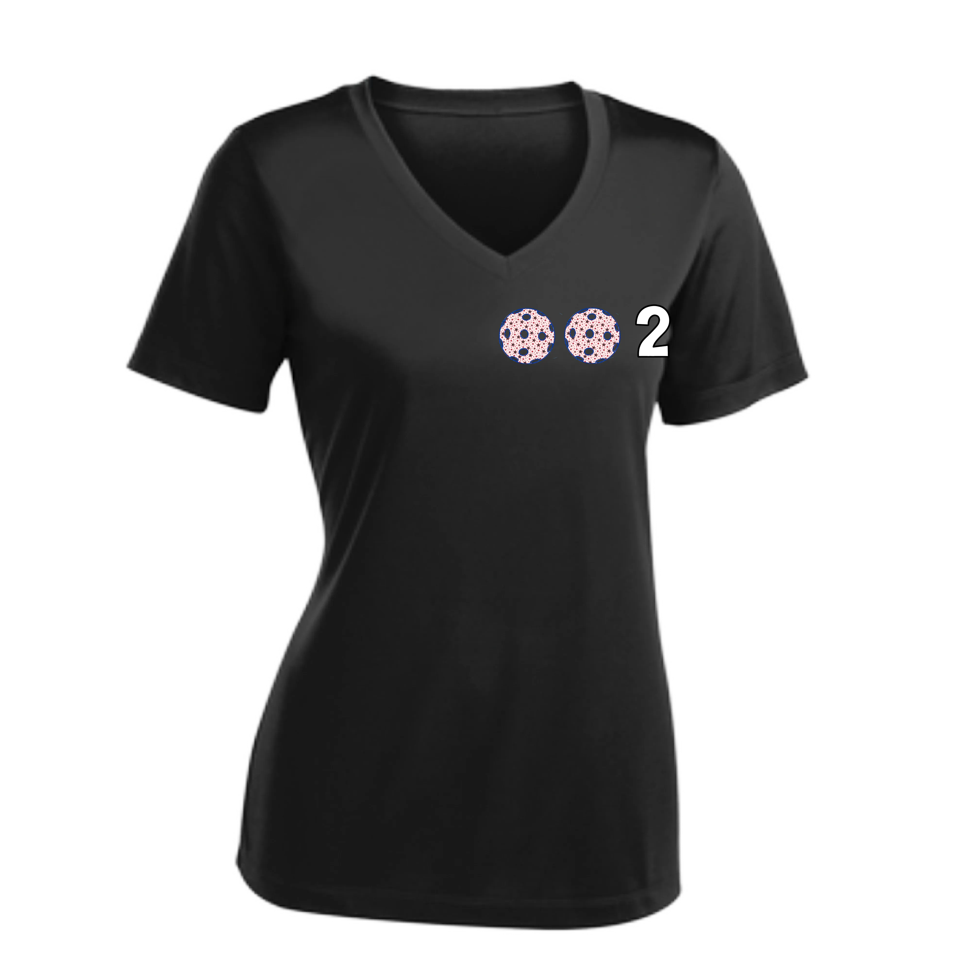 002 With Pickleballs (Colors Patriotic Stars) Customizable | Women's Short Sleeve V-Neck Pickleball Shirts | 100% Polyester