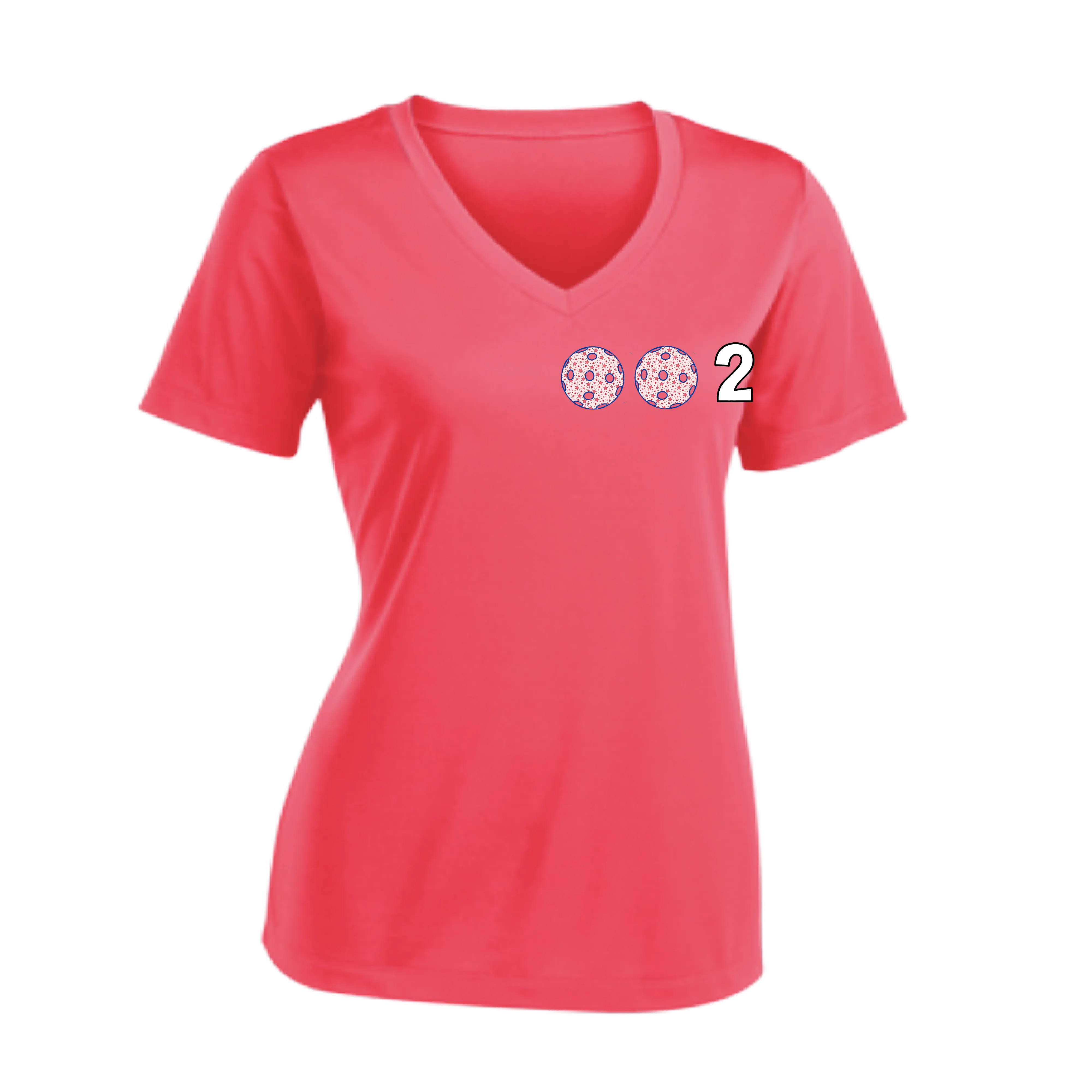 002 With Pickleballs (Colors Patriotic Stars) Customizable | Women's Short Sleeve V-Neck Pickleball Shirts | 100% Polyester