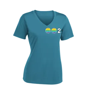 002 With Pickleballs (Colors Rainbow Red Cyan) Customizable | Women's Short Sleeve V-Neck Pickleball Shirts | 100% Polyester