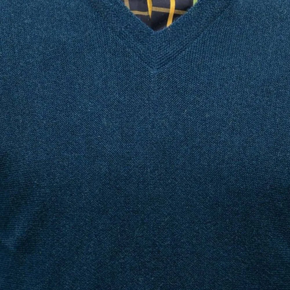 Baby Alpaca 'Links Stitch' V-Neck Sweater in Midnight Blue by Peru Unlimited