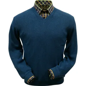 Baby Alpaca 'Links Stitch' V-Neck Sweater in Midnight Blue by Peru Unlimited