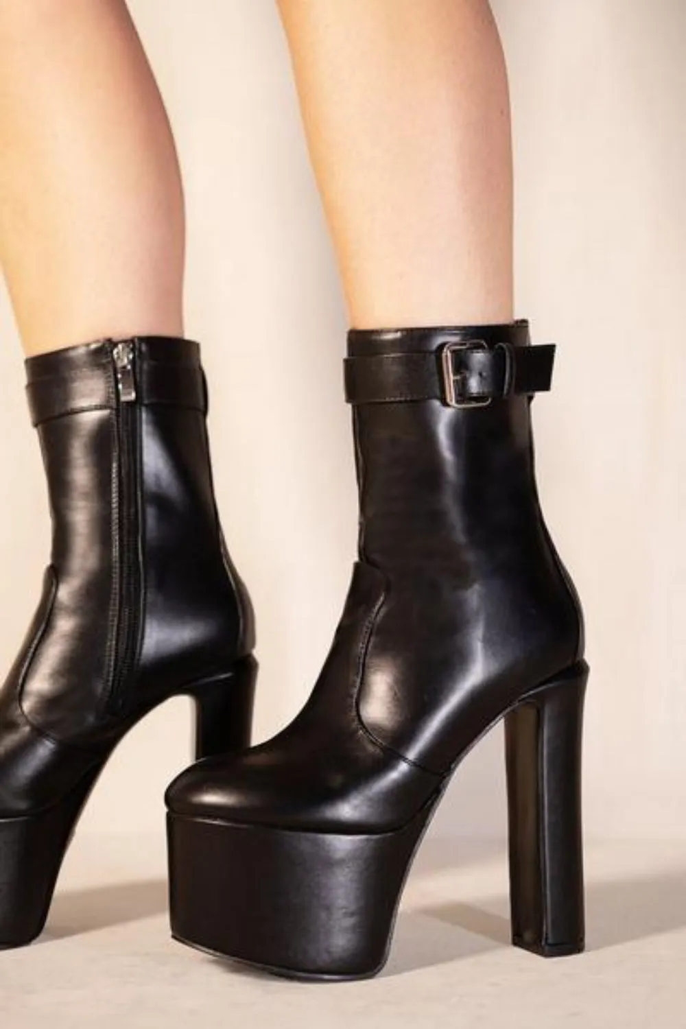 Black PU Platform Block High Heel Ankle Boots With Side Zip