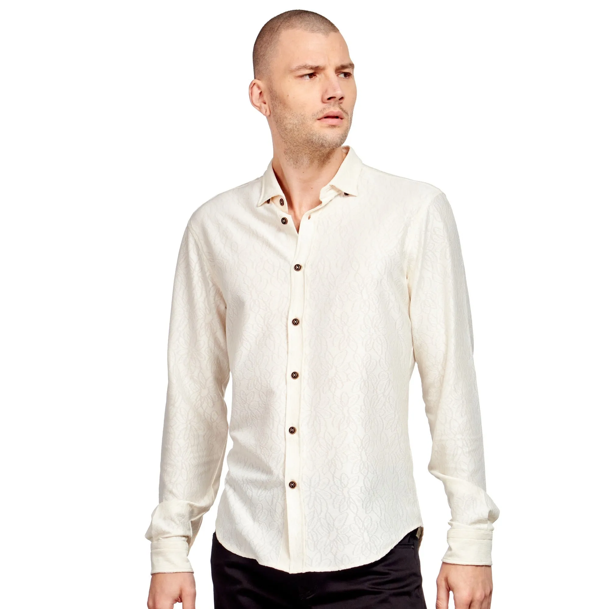 Floral Jacquard Slim Fit Button Down Shirt - Creme