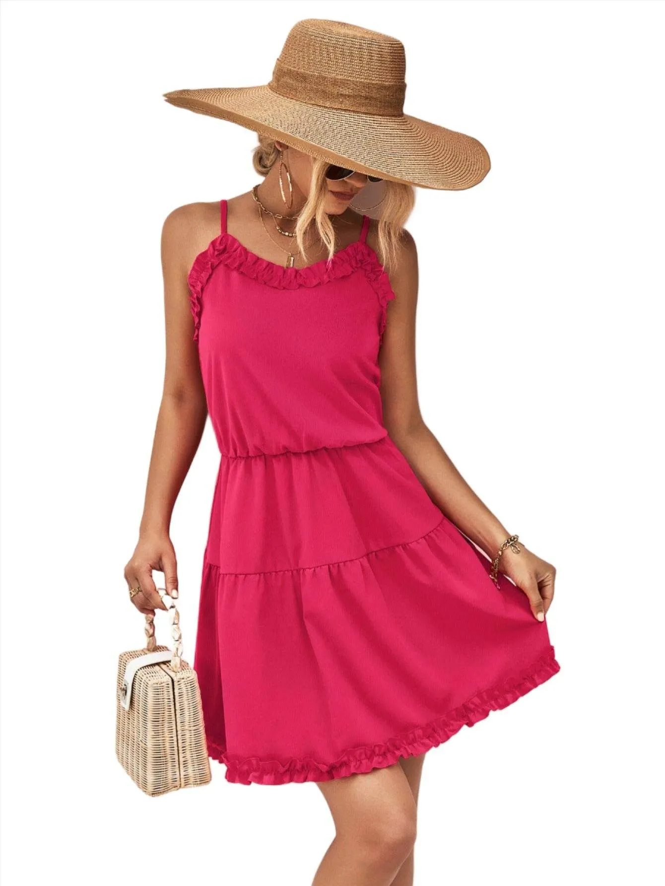 Frill Trim Spaghetti Strap Mini Dress