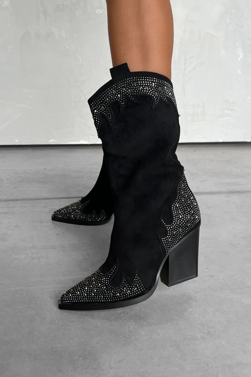 JACKSON Diamanté Detail Cowboy Western Boots - Black