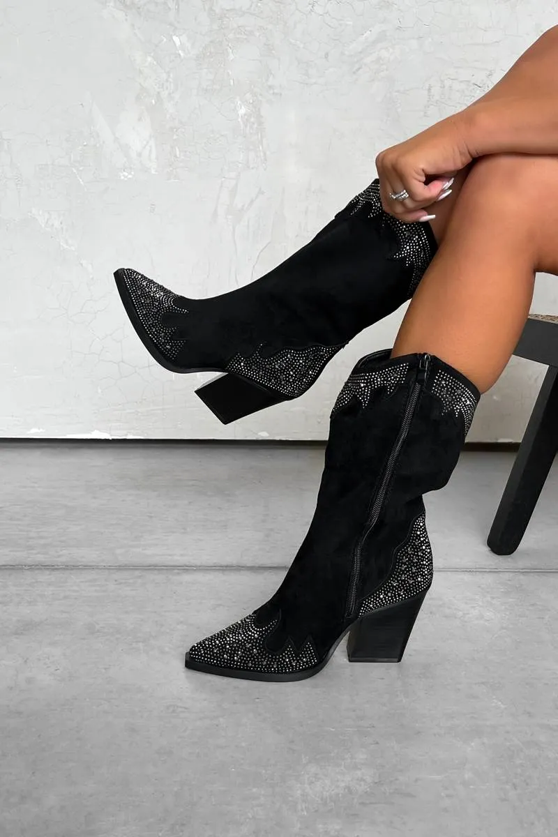 JACKSON Diamanté Detail Cowboy Western Boots - Black