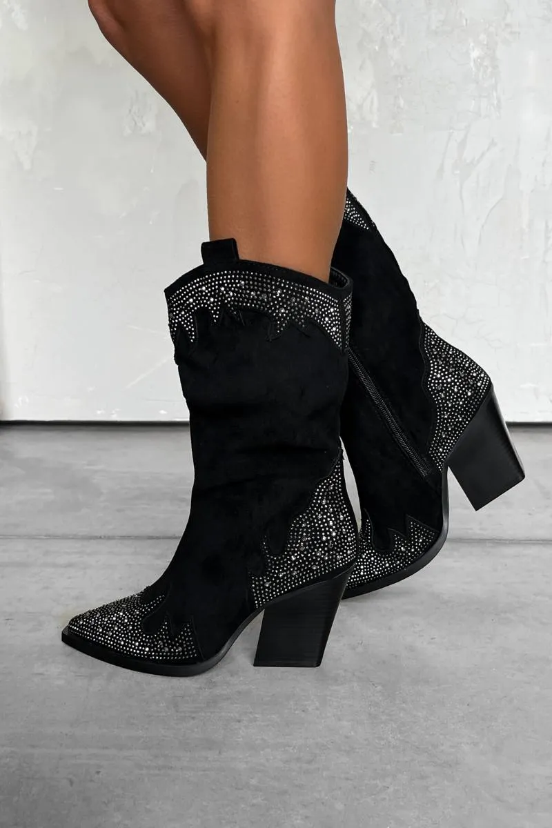 JACKSON Diamanté Detail Cowboy Western Boots - Black