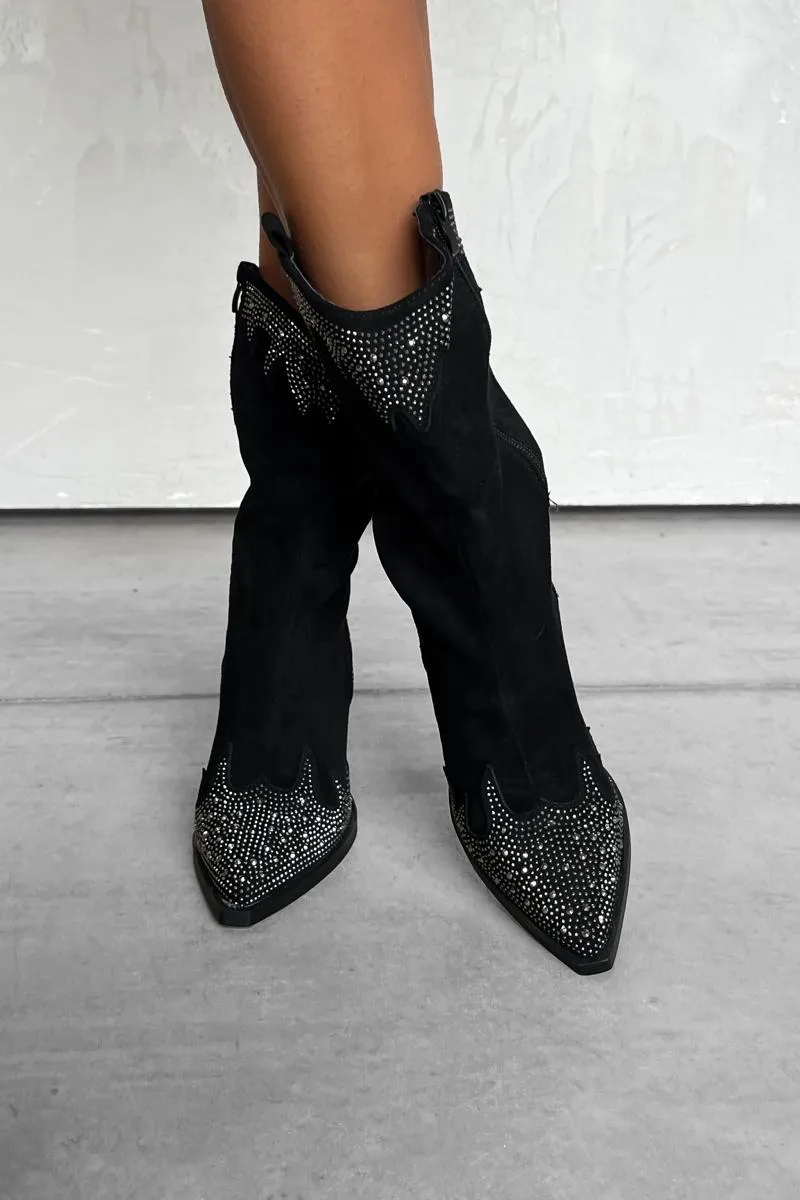 JACKSON Diamanté Detail Cowboy Western Boots - Black