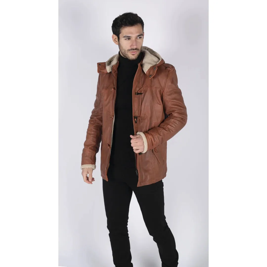Men's Leather Hood Duffle Safari Jacket Long 3/4 Fur Washed Brown