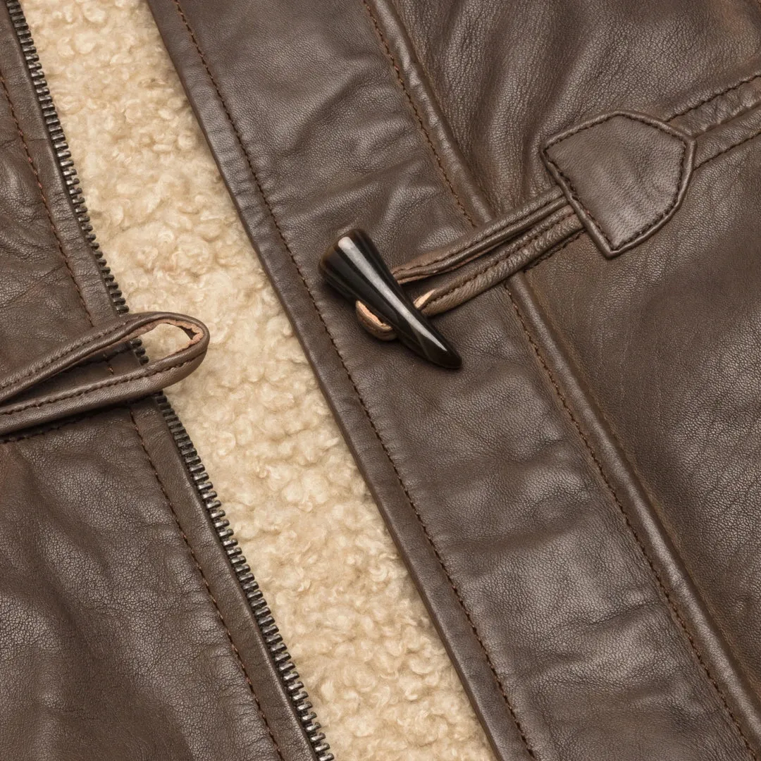 Men's Leather Hood Duffle Safari Jacket Long 3/4 Fur Washed Brown