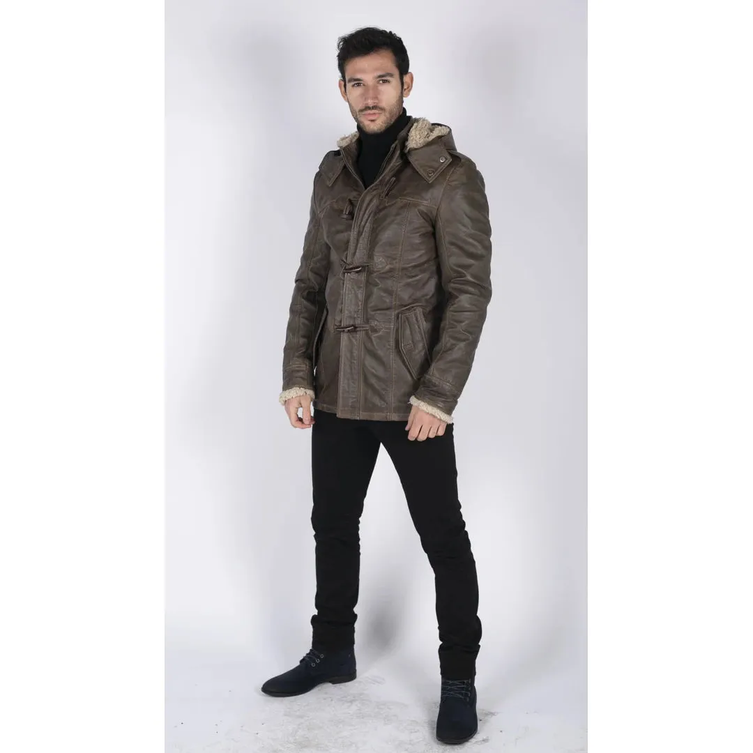 Men's Leather Hood Duffle Safari Jacket Long 3/4 Fur Washed Brown