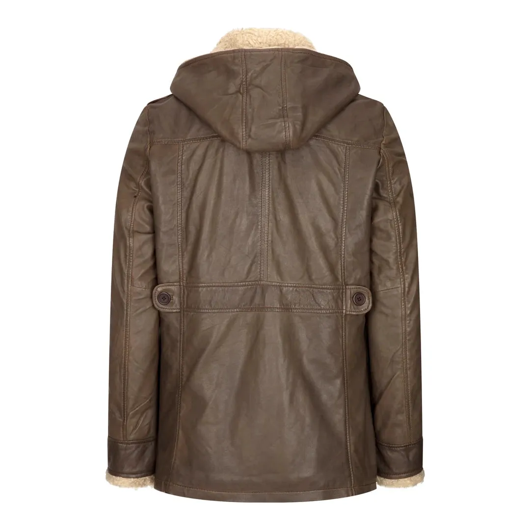 Men's Leather Hood Duffle Safari Jacket Long 3/4 Fur Washed Brown