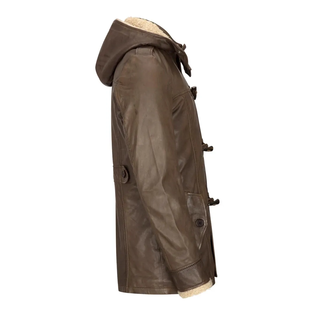 Men's Leather Hood Duffle Safari Jacket Long 3/4 Fur Washed Brown