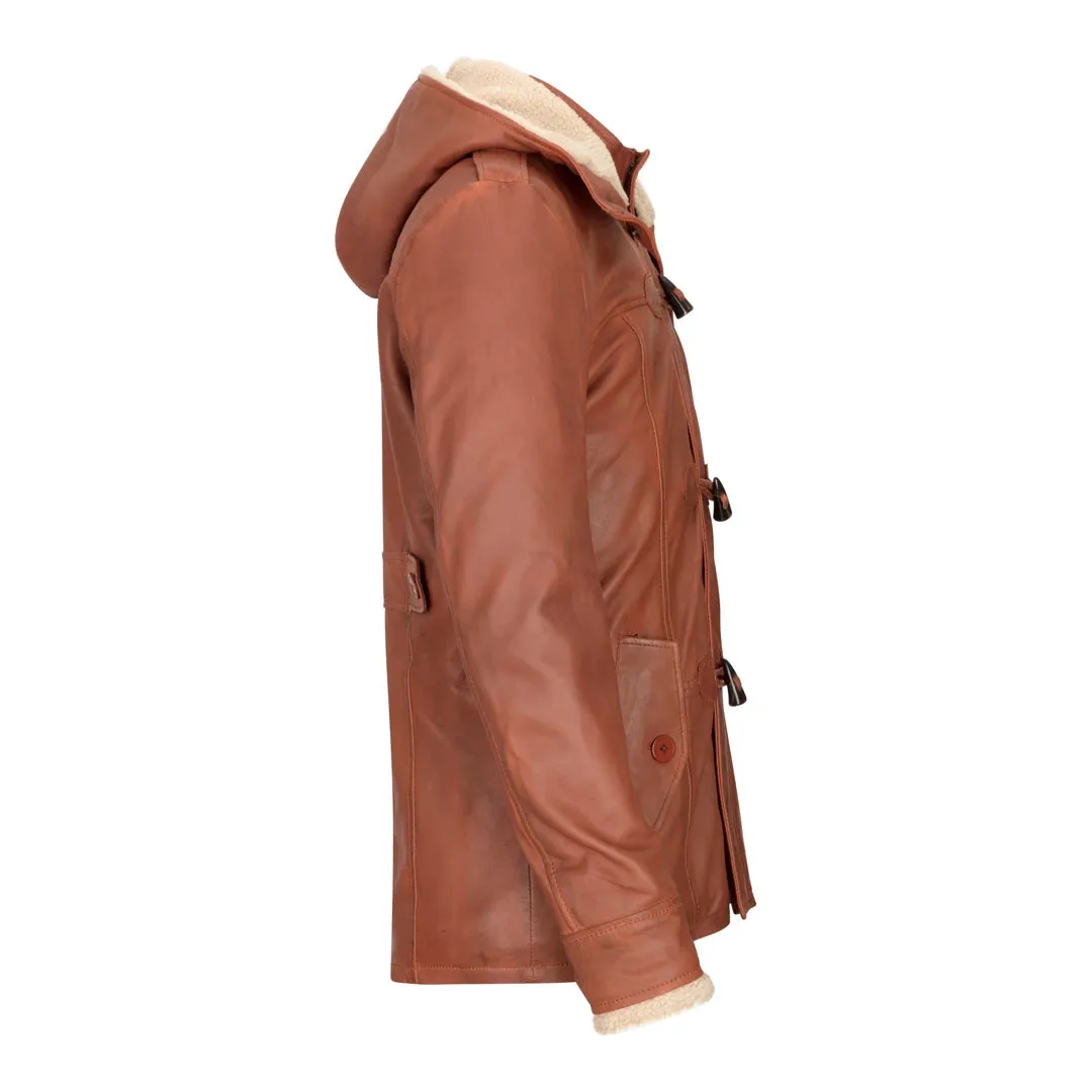 Men's Leather Hood Duffle Safari Jacket Long 3/4 Fur Washed Brown