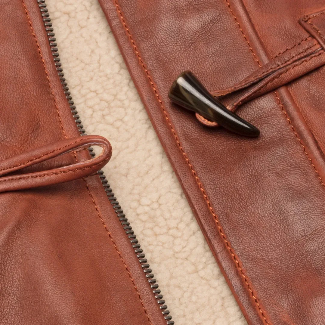 Men's Leather Hood Duffle Safari Jacket Long 3/4 Fur Washed Brown