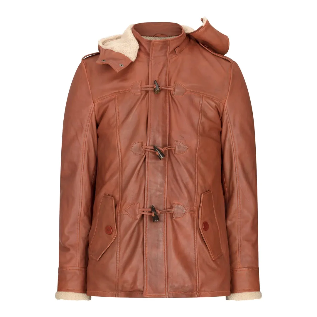Men's Leather Hood Duffle Safari Jacket Long 3/4 Fur Washed Brown