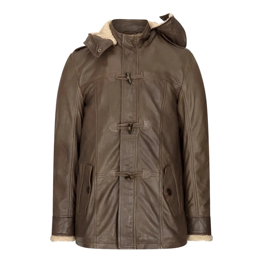 Men's Leather Hood Duffle Safari Jacket Long 3/4 Fur Washed Brown