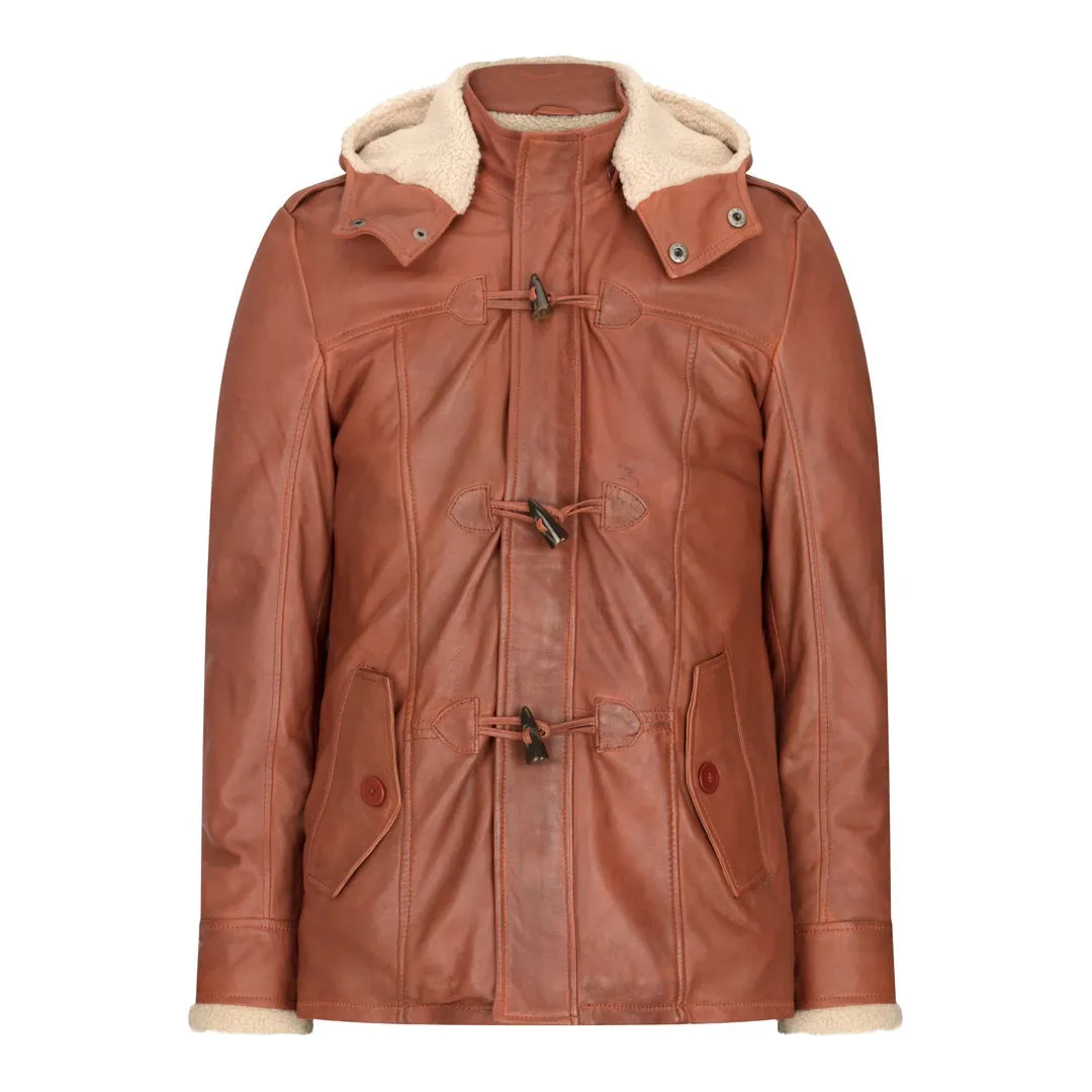 Men's Leather Hood Duffle Safari Jacket Long 3/4 Fur Washed Brown