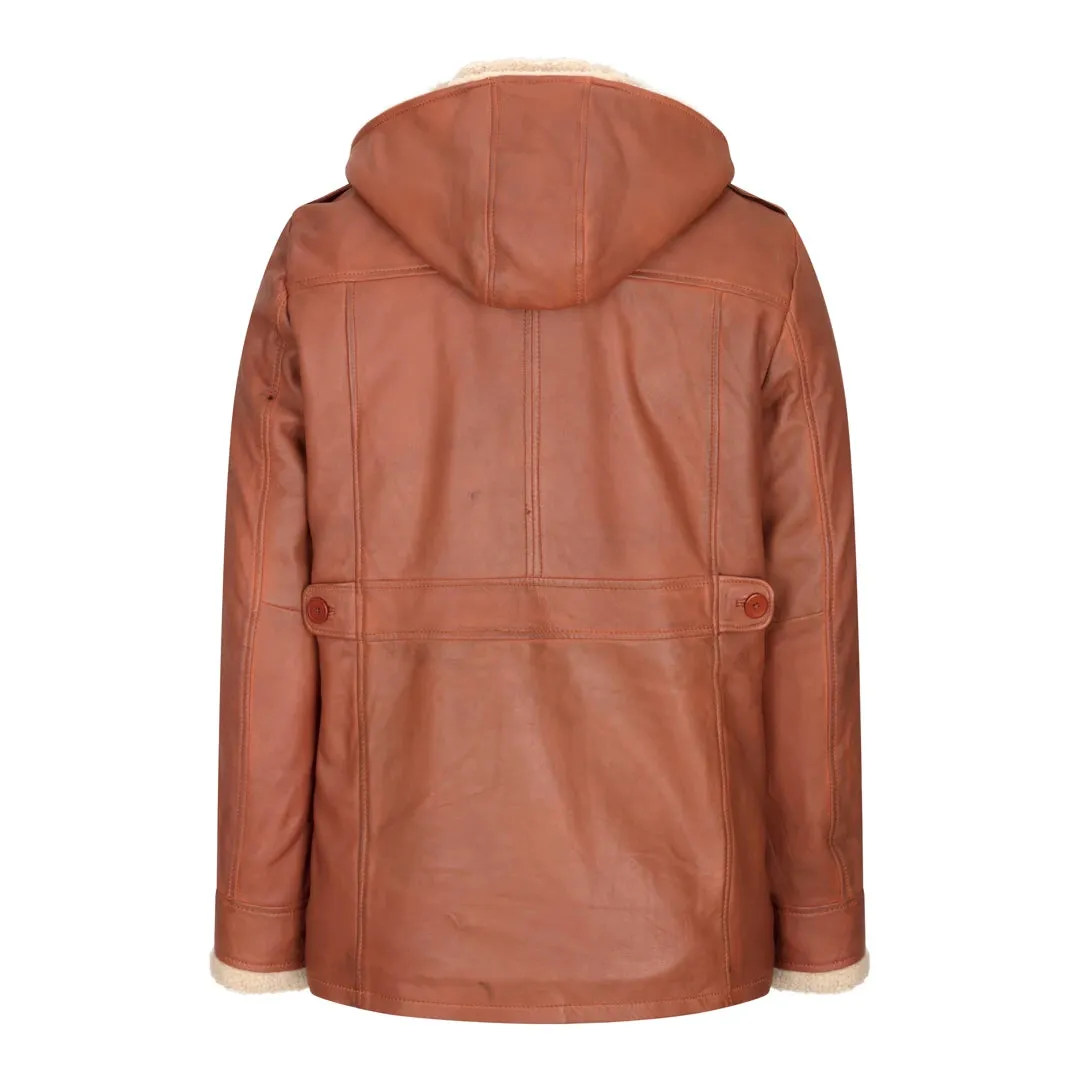 Men's Leather Hood Duffle Safari Jacket Long 3/4 Fur Washed Brown