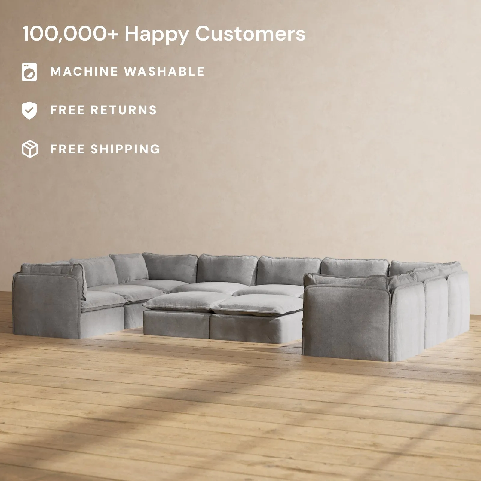 Modular Performance 9-Seater U-Sectional   Bench Ottoman in Ash | Relaxed Blend