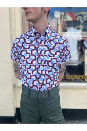 Mr Bridger - Men's 'The Claxton' Red, White & Blue Geometric 70's Pattern S/S - Shirt