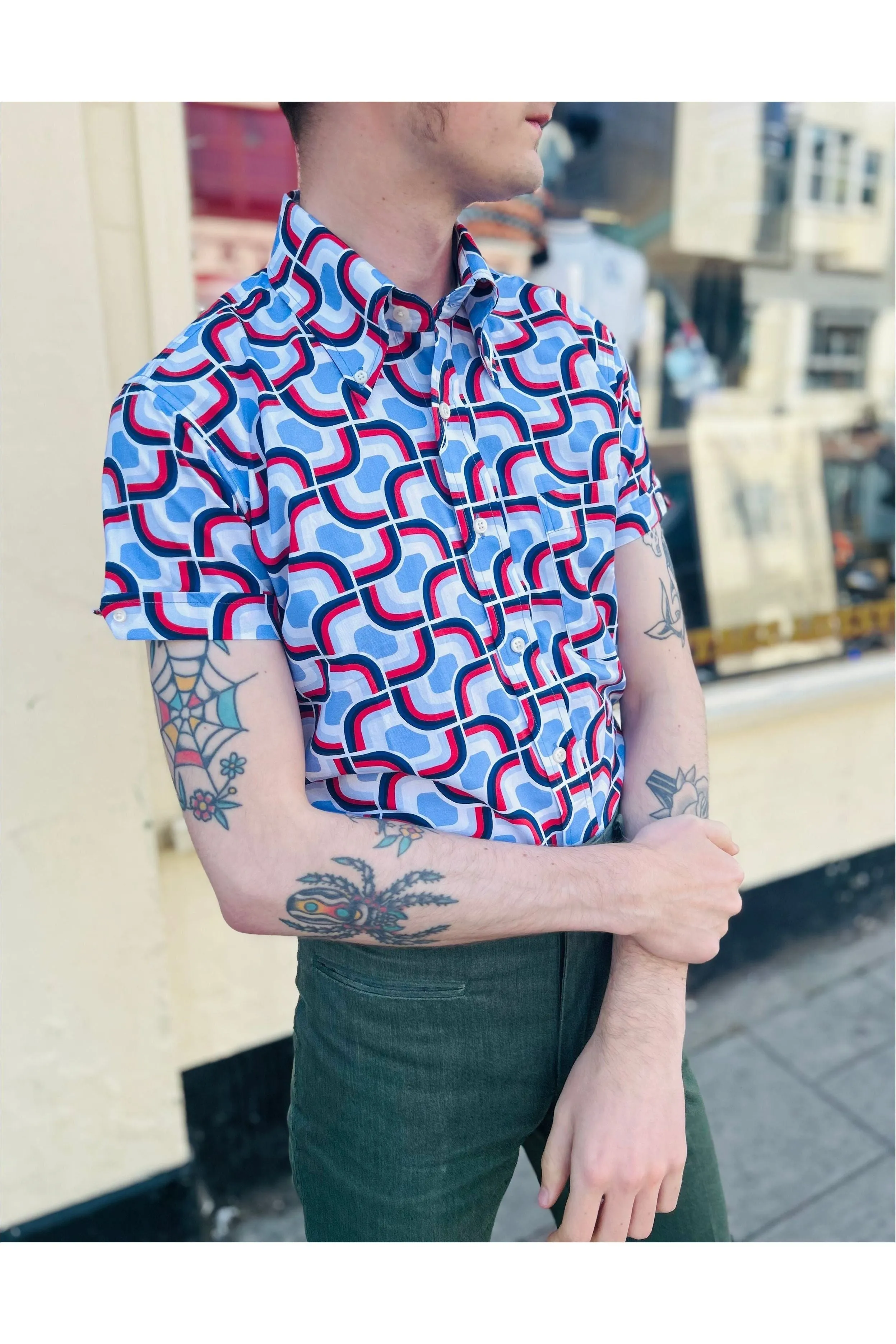 Mr Bridger - Men's 'The Claxton' Red, White & Blue Geometric 70's Pattern S/S - Shirt