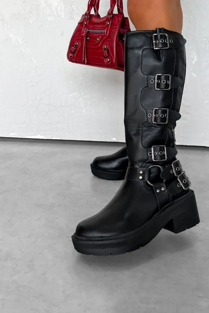 OREGON Chunky Buckle Biker Boots - Black