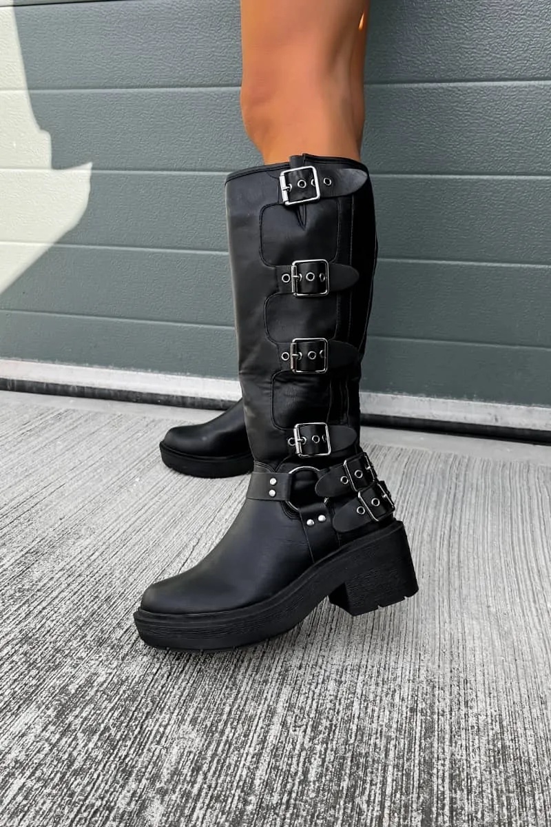 OREGON Chunky Buckle Biker Boots - Black