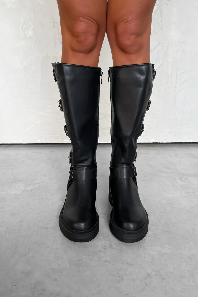 OREGON Chunky Buckle Biker Boots - Black