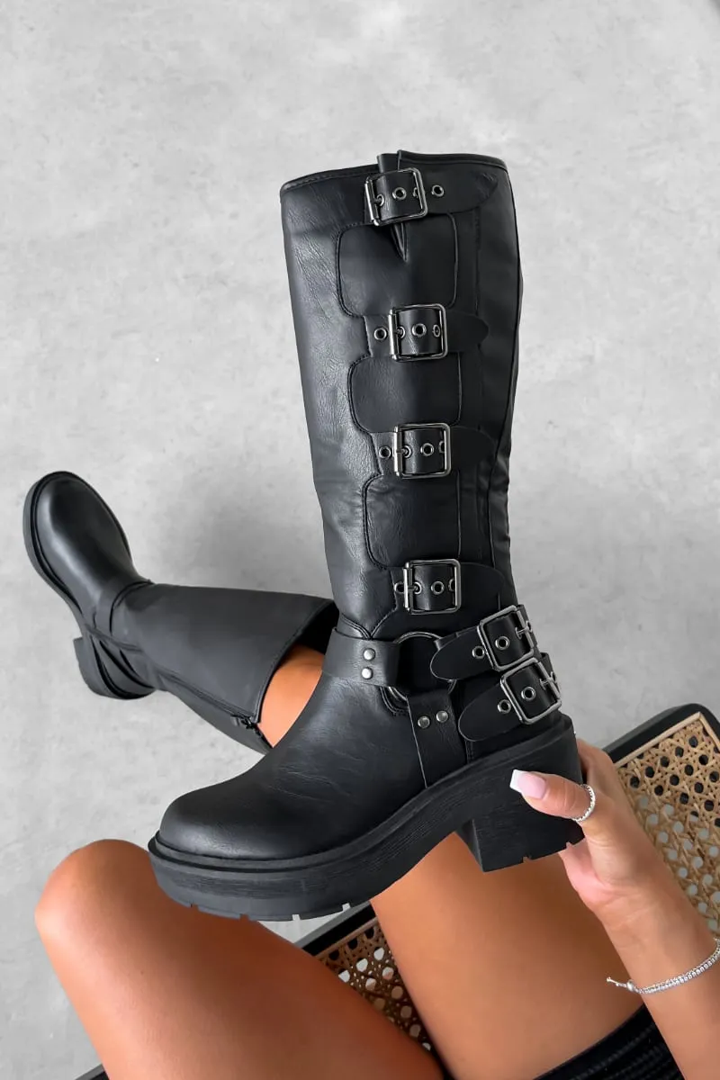 OREGON Chunky Buckle Biker Boots - Black
