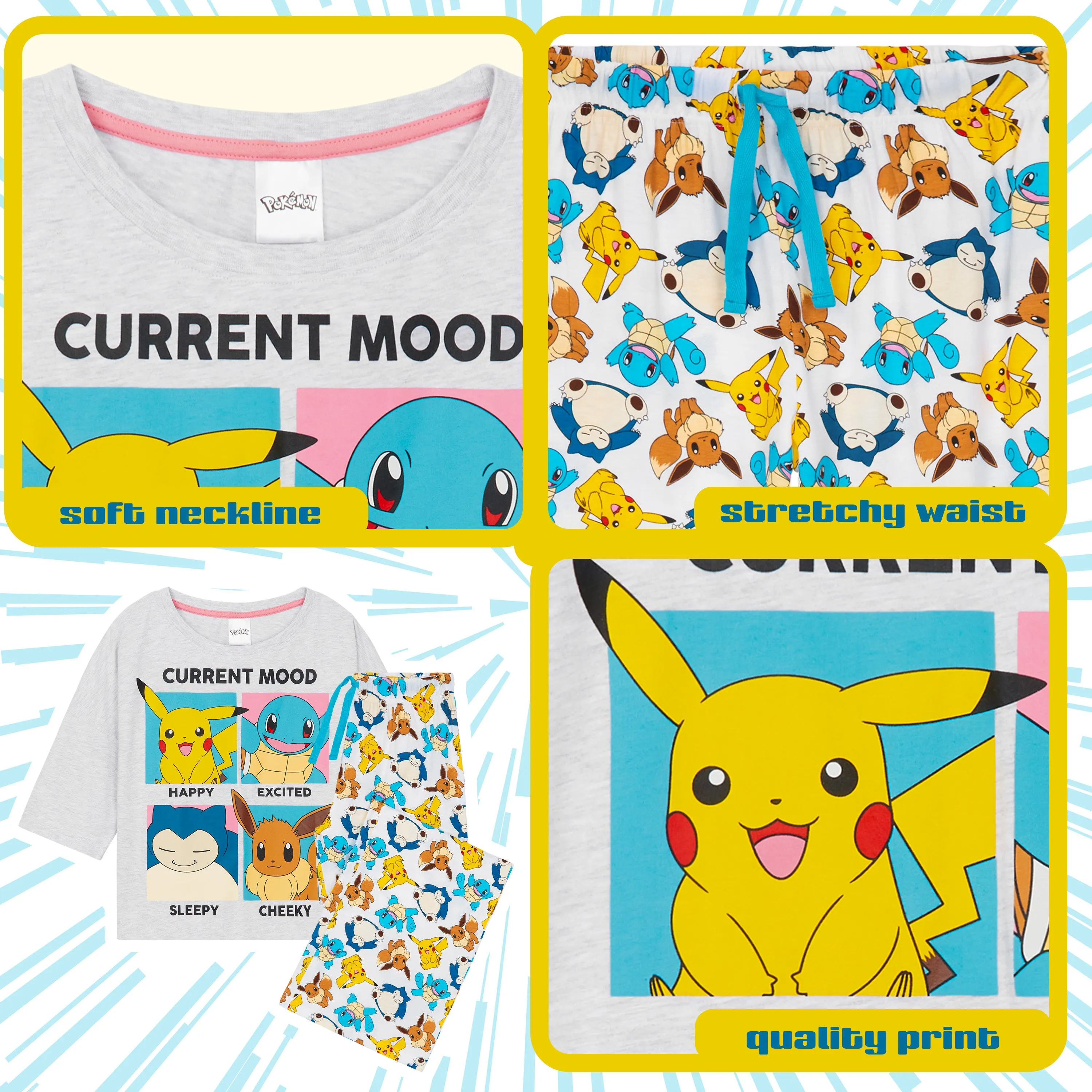 Pokemon Pyjamas for Women and Teenagers - Pikachu Nightwear T-Shirt & Long Bottoms
