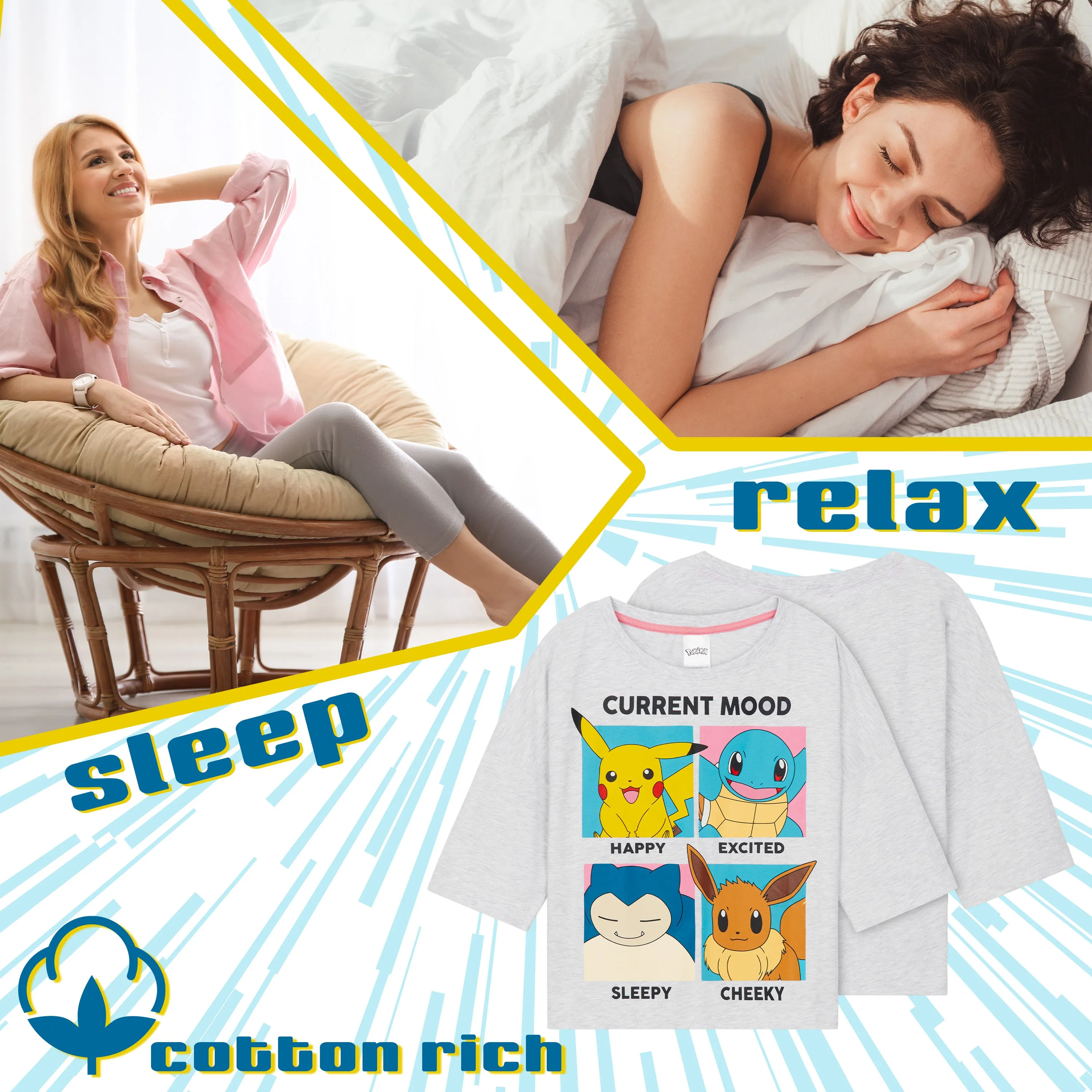 Pokemon Pyjamas for Women and Teenagers - Pikachu Nightwear T-Shirt & Long Bottoms