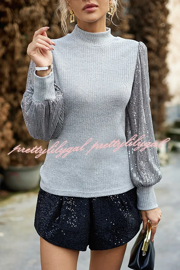 Sequined Paneled Knitted Long Sleeved Shirts
