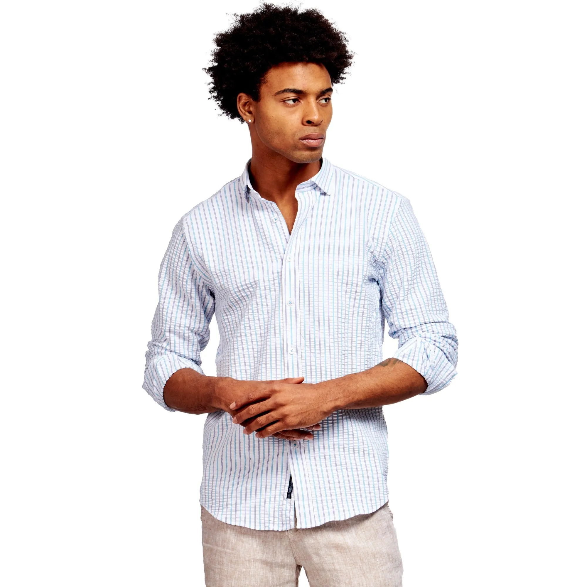 Striped Seersucker Button Down Shirt - Ice