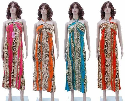 women's long cheetah print sundresses w/ hardware cinched neck strap Case of 96