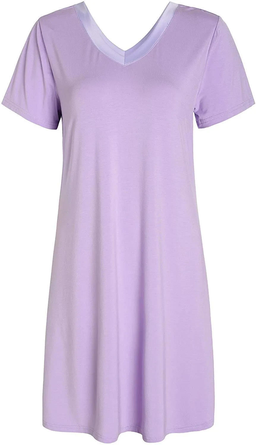Women's V-Neck Bamboo Sleep Night Shirt Dress Jersey Nightgown